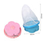 Blue and pink laundry filter net bags with flower lids and attached mesh