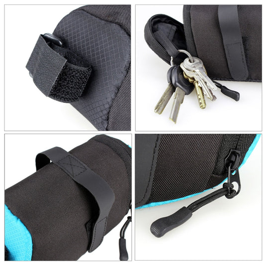 Waterproof bicycle saddle bag detail: zipper pull, key loop, and padded fabric