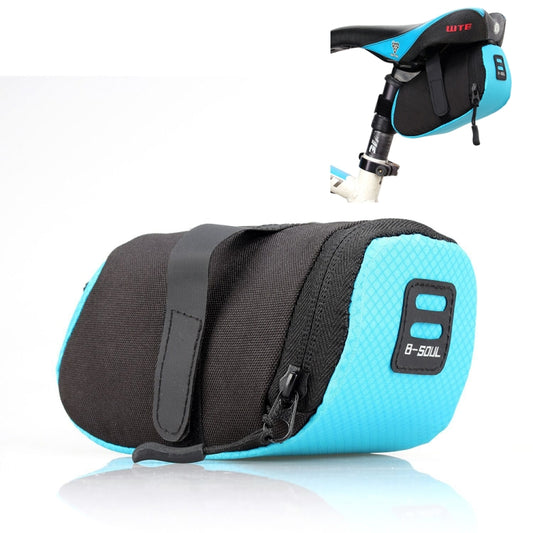 Waterproof bicycle saddle bag, blue and black, with front zipper pocket and strap