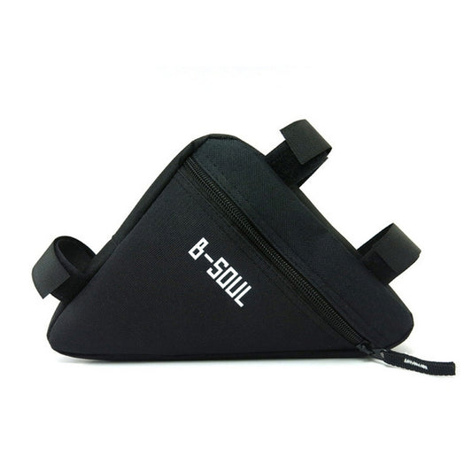 Triangle bike frame bag in black fabric with B-SOUL logo, front zipper, and mounting straps