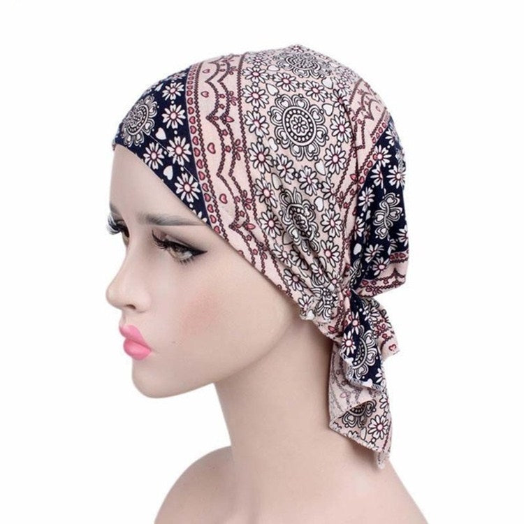 Navy and cream floral paisley stretch turban cap with side tie