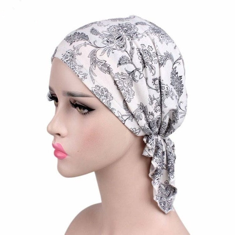 White with gray floral damask stretch turban cap with side knot