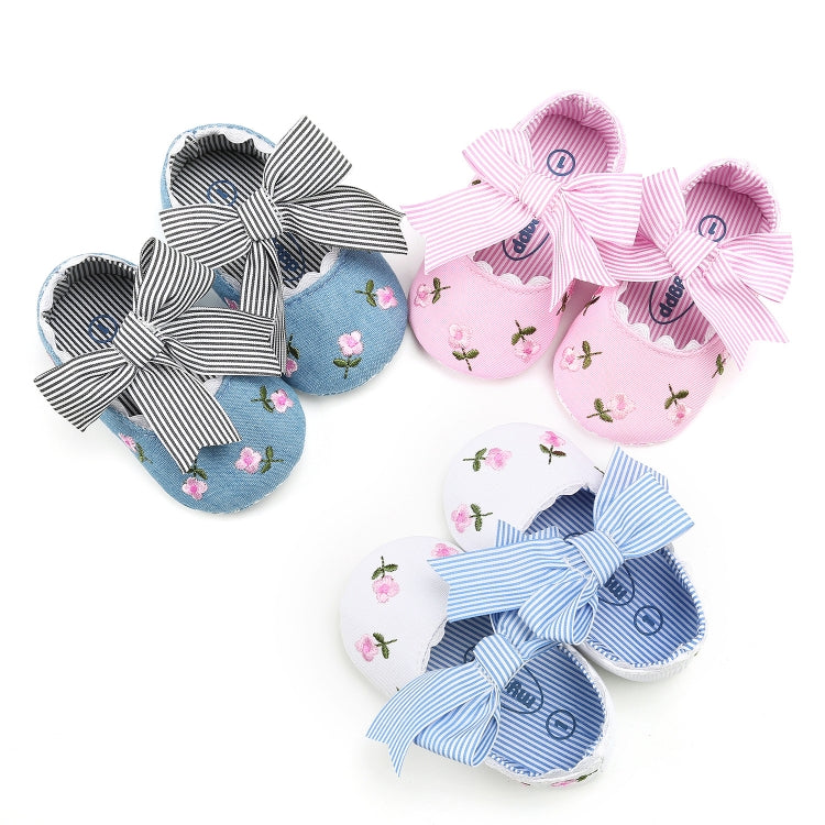 Toddler princess shoes with bow straps in blue floral print, pink, and striped designs
