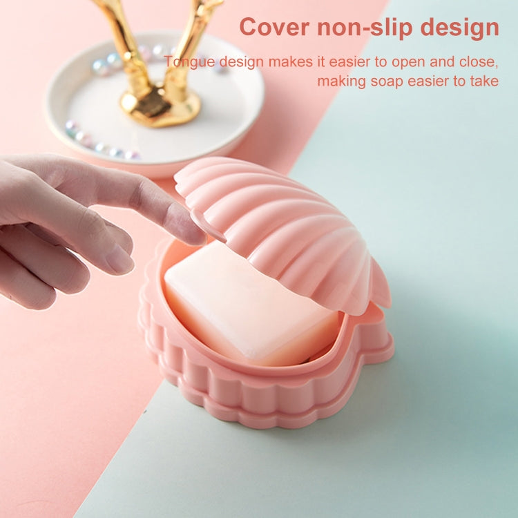 Pink seashell soap dish with non-slip cover and flip lid, ready for use