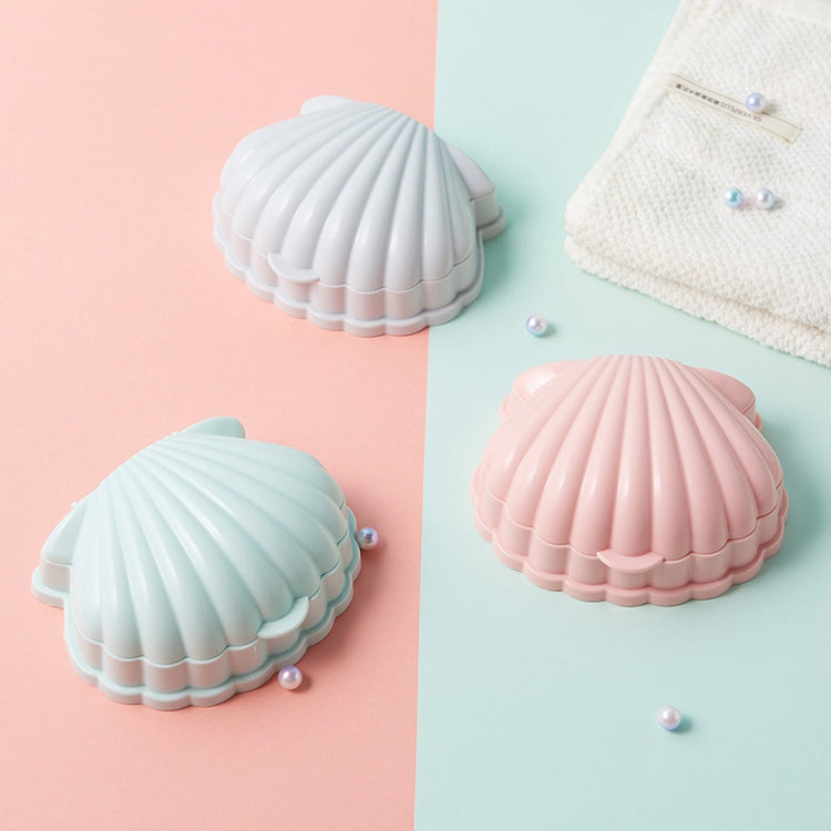 Assorted seashell soap boxes in light blue, pink, and gray colors with lids