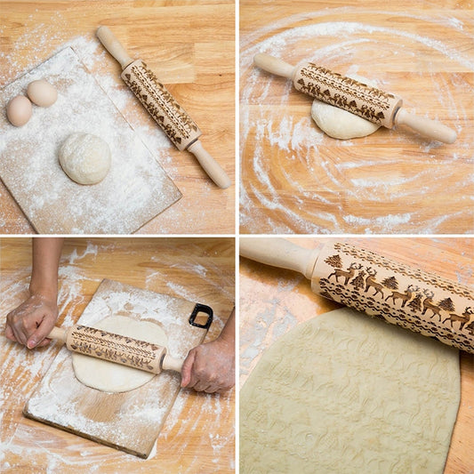 Christmas embossed rolling pin impressing dough with reindeer and tree texture detail