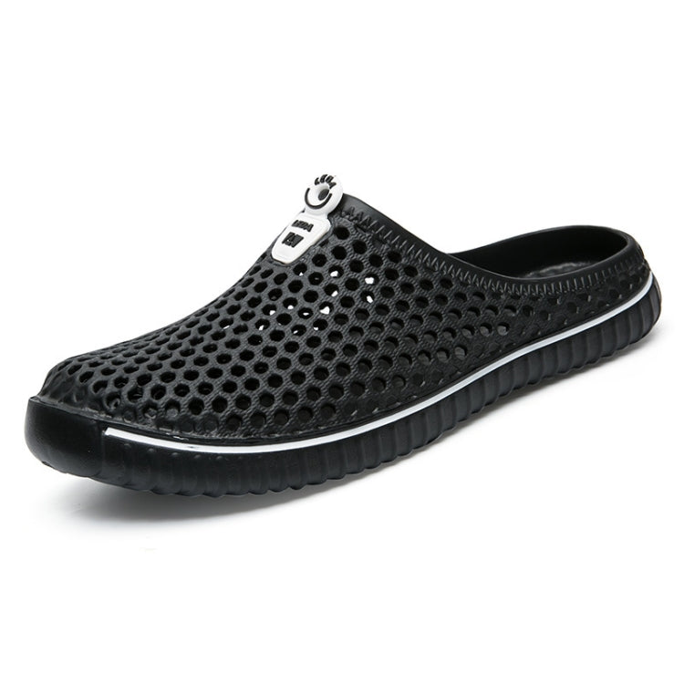 Black perforated slip-on clog sandals with breathable hollow design and padded sole