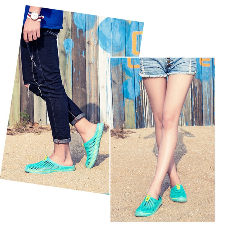 Turquoise breathable hollow slip-on sandals with perforated texture and flat sole