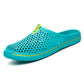 Breathable hollow sandals, teal slip-on mule with perforated upper and blue sole.