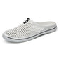 White hollow beach sandals, slip-on clog with black logo strap and textured rubber sole