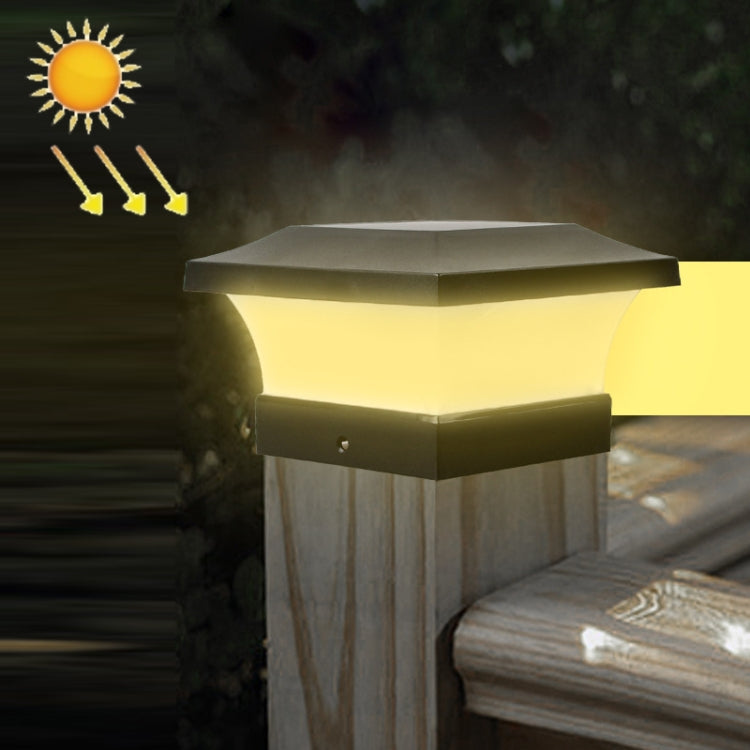 Warm glowing solar column outdoor light with square cap and frosted white side panels