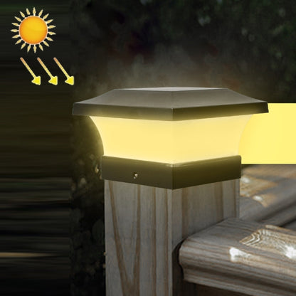 Warm glowing solar column outdoor light with square cap and frosted white side panels