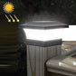 Bright white glowing solar column outdoor light with square cap and frosted white side panels