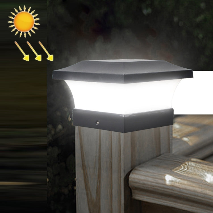 Bright white glowing solar column outdoor light with square cap and frosted white side panels