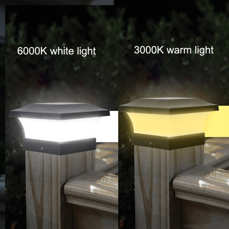 Solar outdoor column light showing warm and white illumination with square top and base
