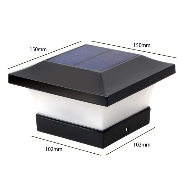 Solar column outdoor light with square solar panel and white frosted side panels, with dimensions