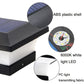Solar column light close-up showing ABS plastic shell, LED panel, and PC light-transmitting cover