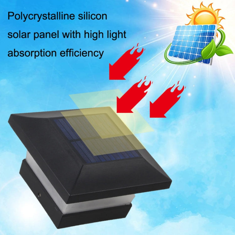 Square solar panel on black outdoor column light housing