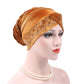 Adjustable rhinestone turban hat in warm tan with sparkling bead trim