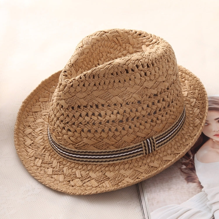 Children's khaki straw panama hat with woven brim and dark striped band