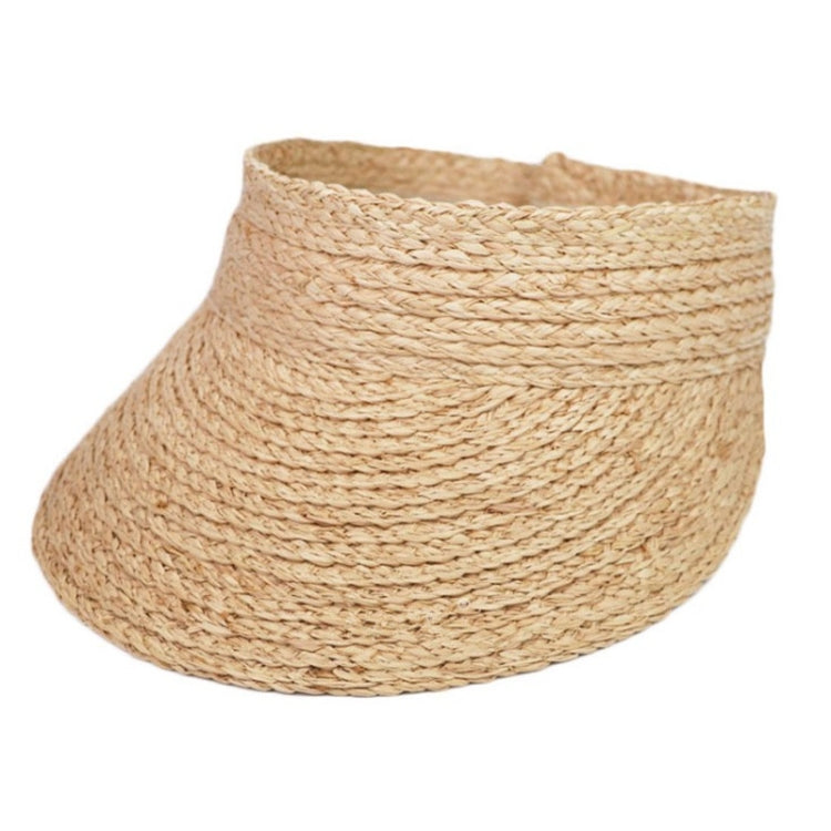 Woven straw visor hat with wide brim in natural tan, no visible decorations.