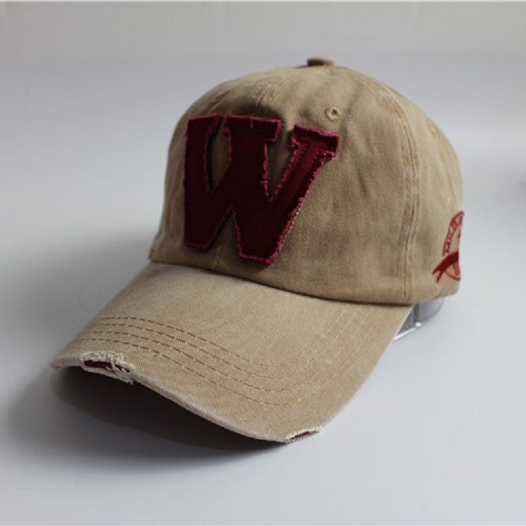 Khaki canvas baseball cap with burgundy 'W' patch