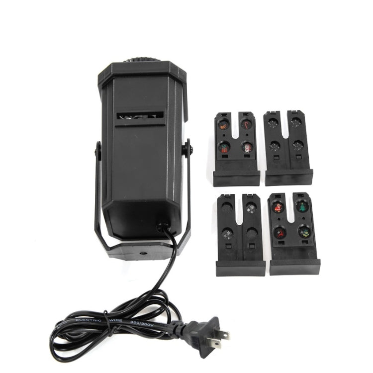 LED projector spotlight with power cord and multiple pattern slide cards, black