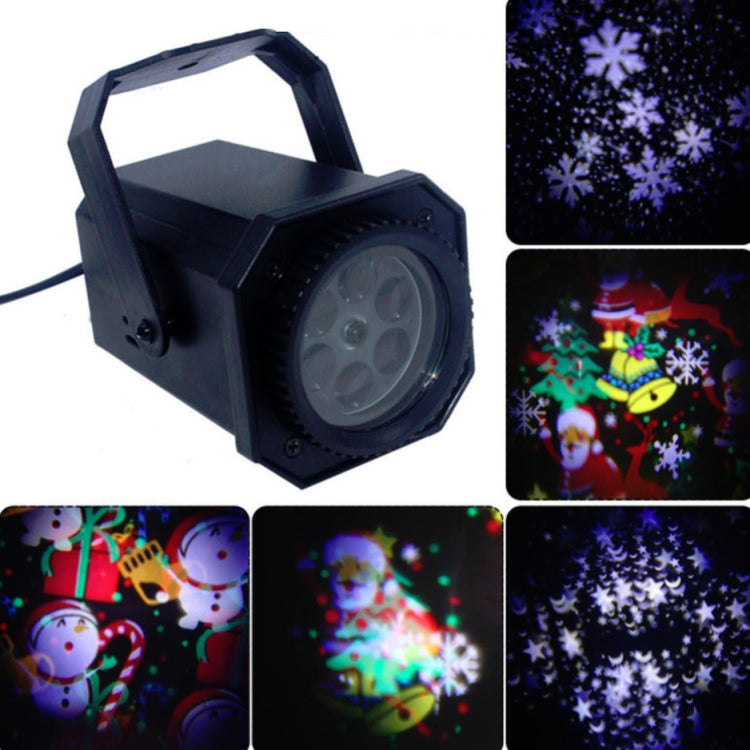 LED snowflake projector with front lens and inset pattern previews