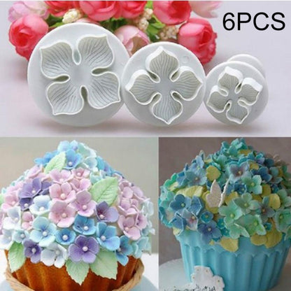 Hydrangea silicone fondant flower blossom mold set, three round designs with handles
