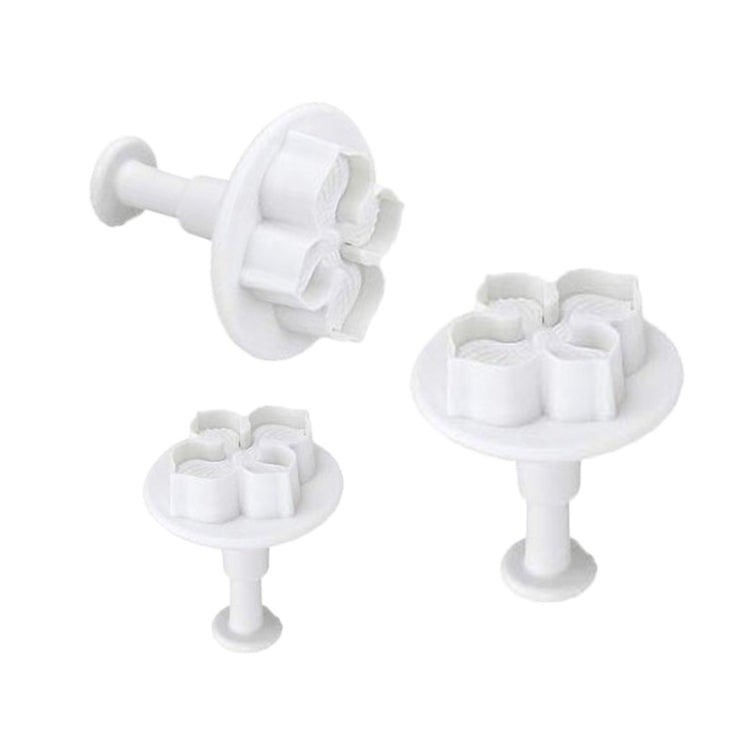 Hydrangea fondant silicone mold set with three petal-flower cavities on white bases