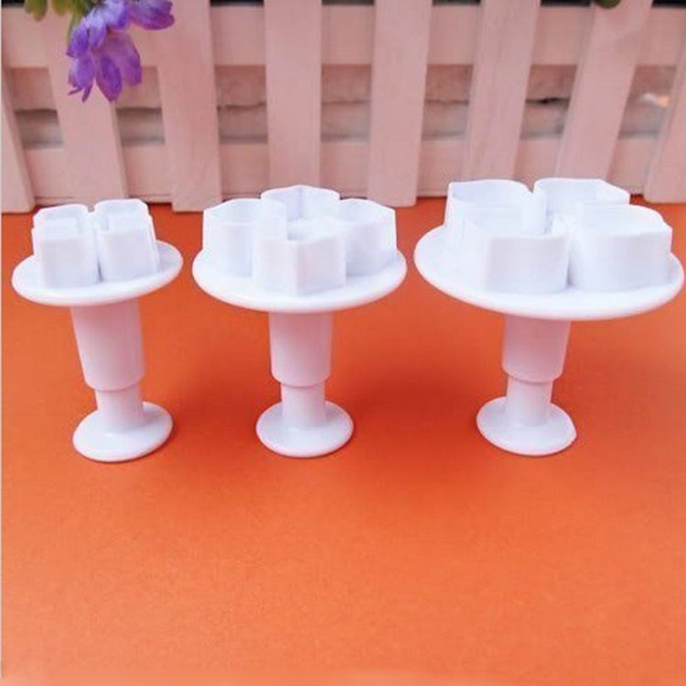 Hydrangea silicone fondant flower molds, three round cutters on short pedestals