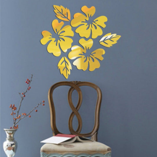 Gold 3D flower wall sticker set with leaf accents, decorative wall decals