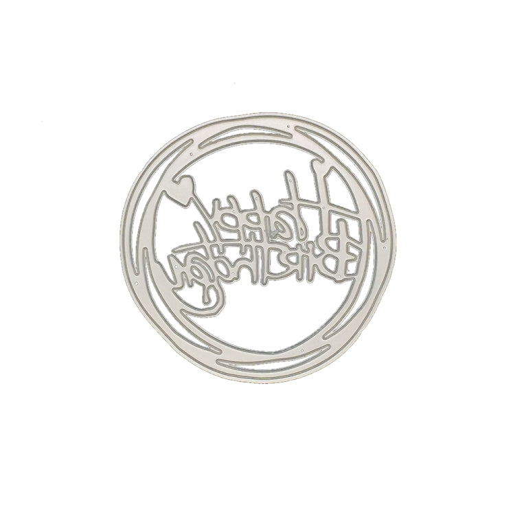 Silver circular Happy Birthday metal die with layered ring border and cutout lettering