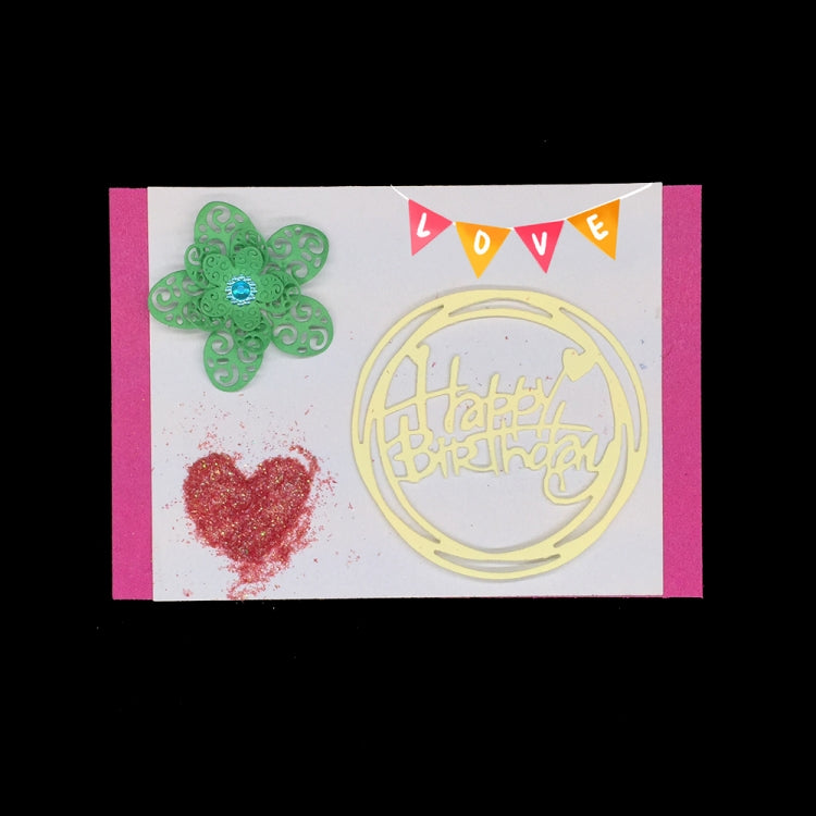 Happy Birthday greeting card featuring a gold round stencil design
