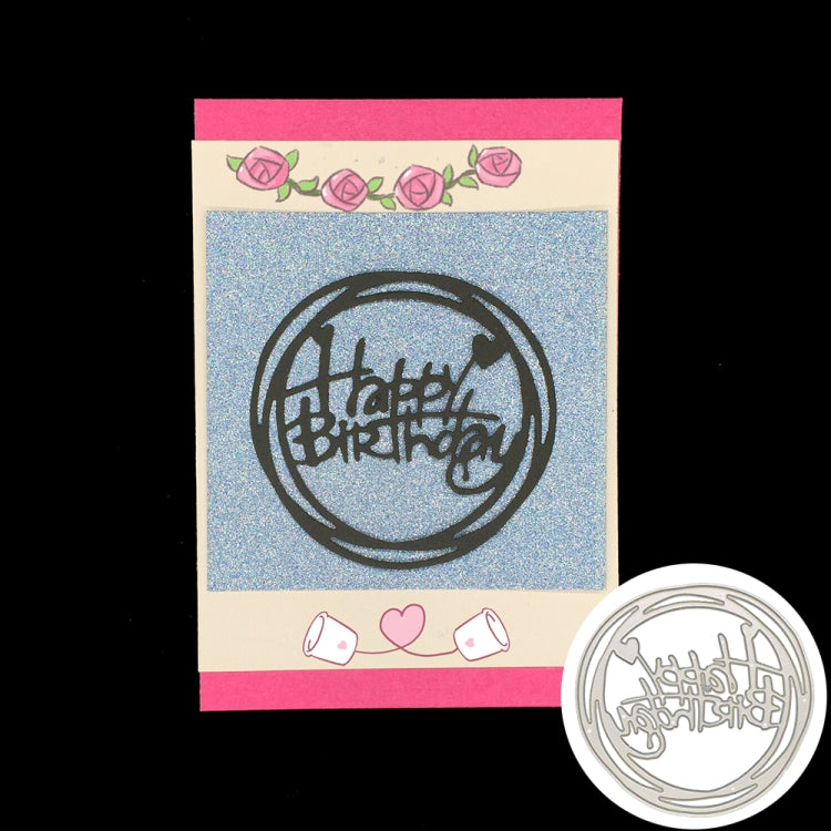 Happy Birthday greeting card with blue glitter background and black round stencil circle