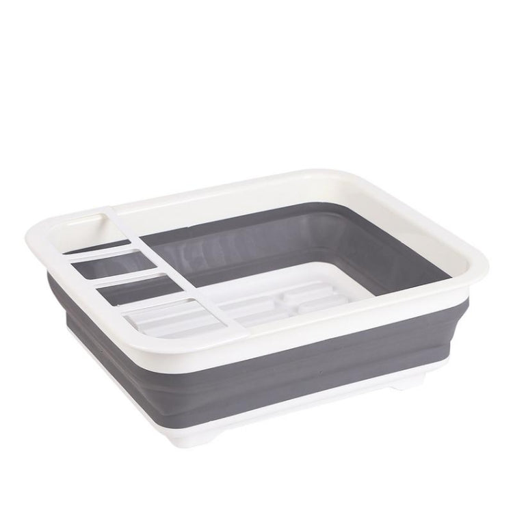 Foldable dish rack with white frame and gray base, draining grid for bowls and plates