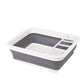 Foldable dish rack with drainage slots and divider bars, white and dark gray tray