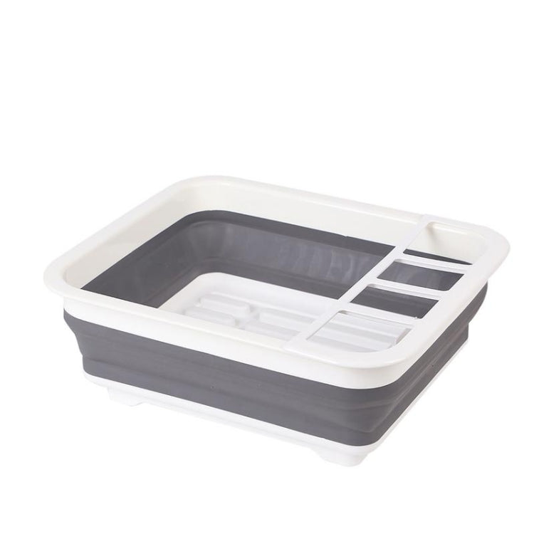 Foldable dish rack with drainage slots and divider bars, white and dark gray tray