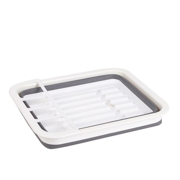 Foldable dish rack tray with raised draining rack and white rim, gray base