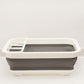 Foldable dish rack with compact foldable legs, white top frame and dark gray tub