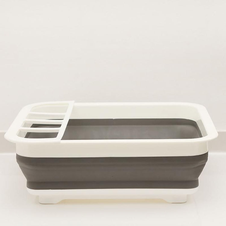 Foldable dish rack with compact foldable legs, white top frame and dark gray tub