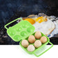 Green plastic 6-egg storage container case, open with eggs in tray