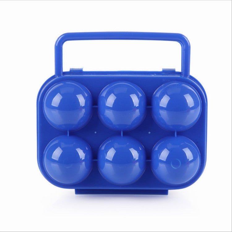 Blue 6-egg plastic egg storage case with carry handle, holding 6 blue eggs