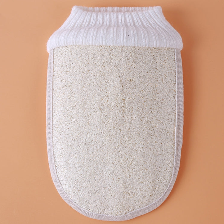 Natural loofah bath glove with terry-knit white cuff and textured scrub front
