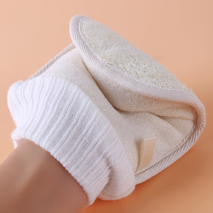 Natural loofah bath glove pair view with ribbed white cuffs and beige loofah surfaces