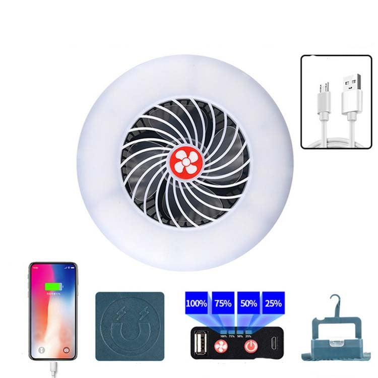 Round white USB rechargeable fan lamp with center fan grille and LED light ring