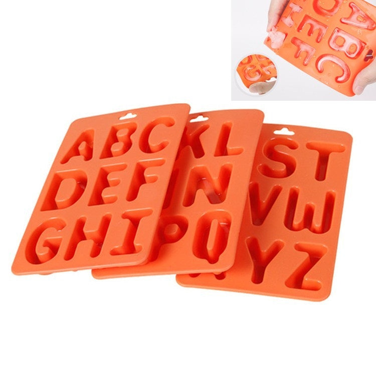 Silicone letter ice cube tray set with A–Z molds, orange