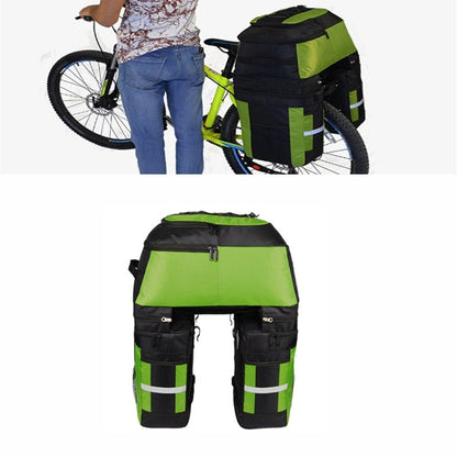 Mountain bike rear shelf bag with lime green panels, black base, side pockets, straps