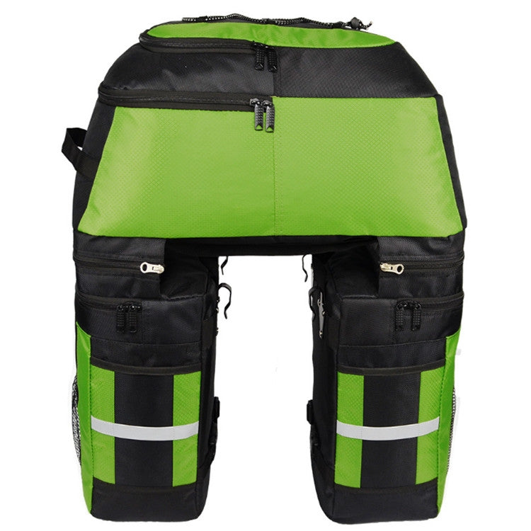 Mountain bike rear shelf bag, black with lime green front panel and two side storage pouches