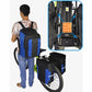 Mountain bike rear shelf bag in black with blue accents, worn on bike with adjustable straps
